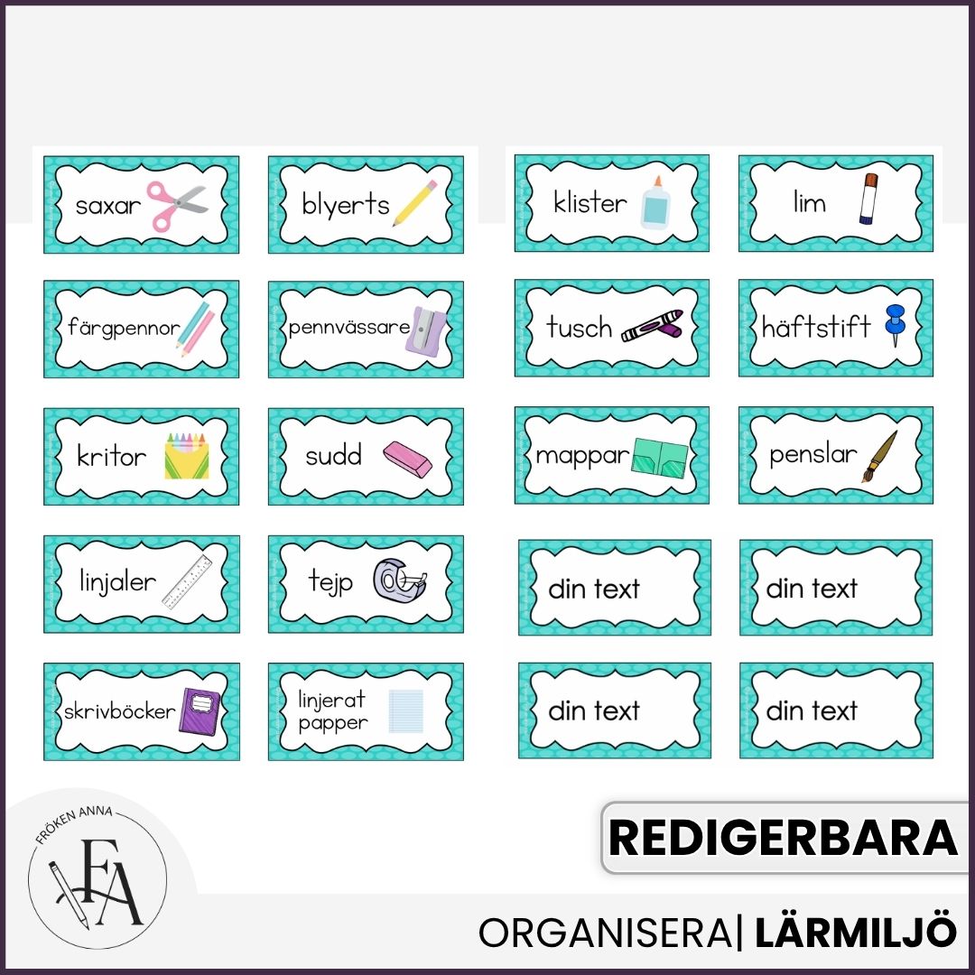 Redigerbara etiketter (turkos)