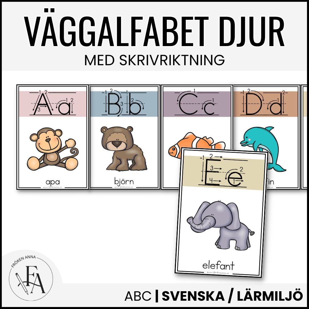 Väggalfabet djurtema (med skrivriktning) A4 + A5
