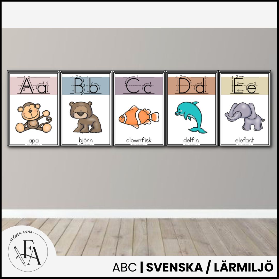 Väggalfabet djurtema (med skrivriktning) A4 + A5