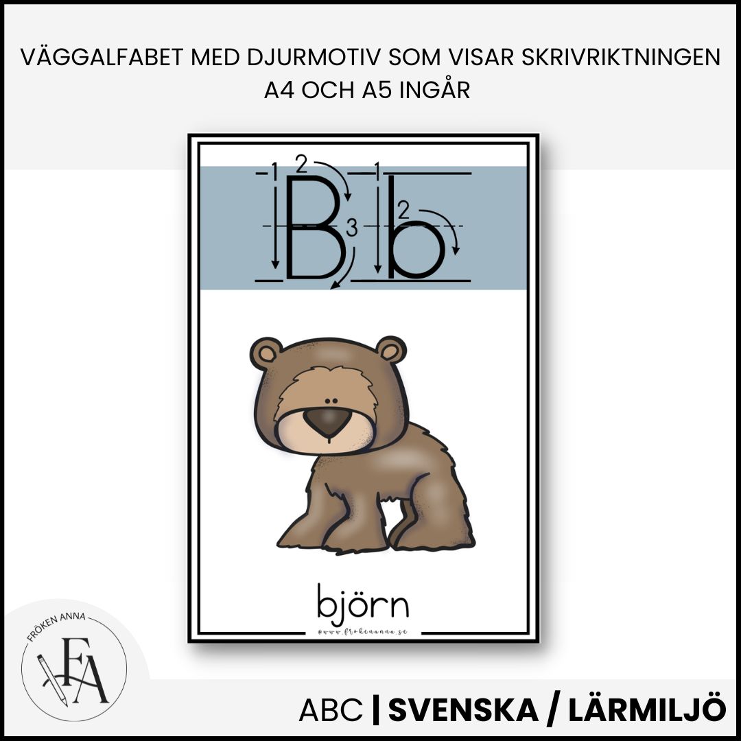 Väggalfabet djurtema (med skrivriktning) A4 + A5