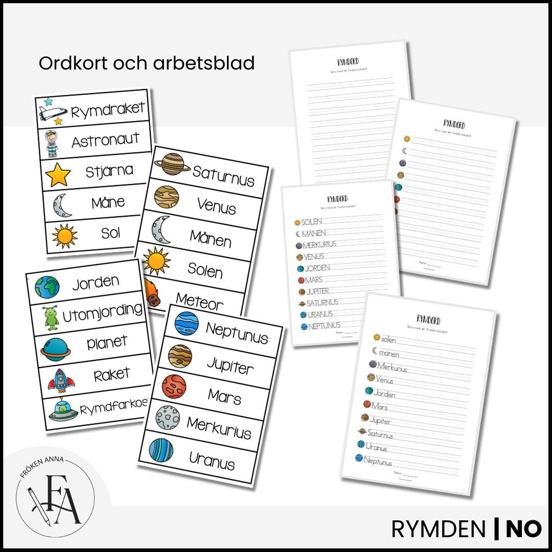 Rymdord och arbetsblad – ordkunskap, skrivträning och memory
