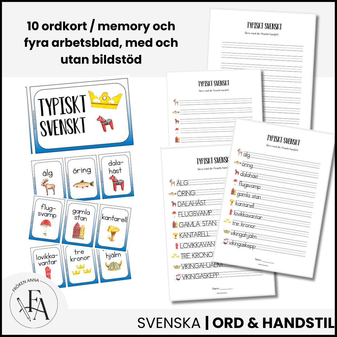 Typiskt svenskt (Ordkunskap, välskrivning, memory, handstil)