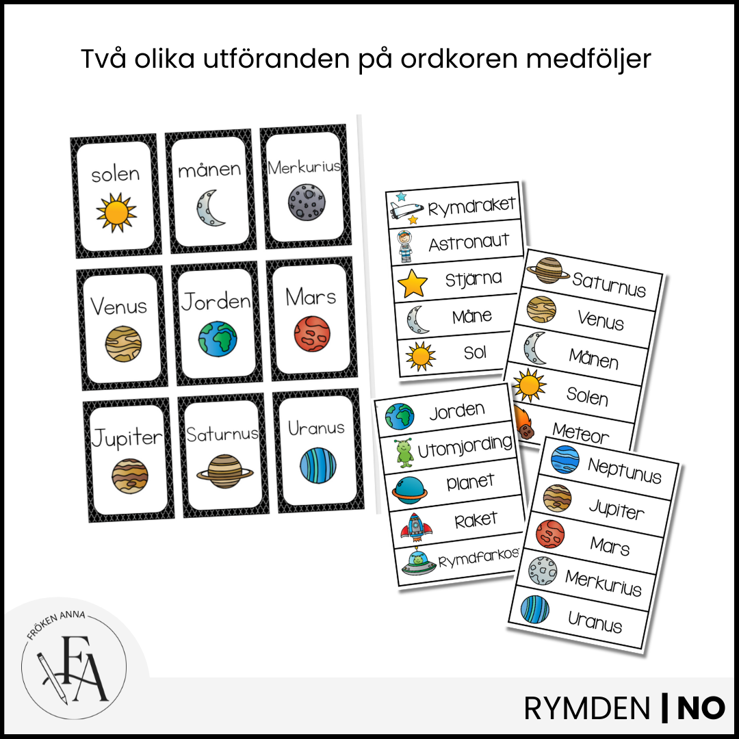 Rymdord och arbetsblad – ordkunskap, skrivträning och memory
