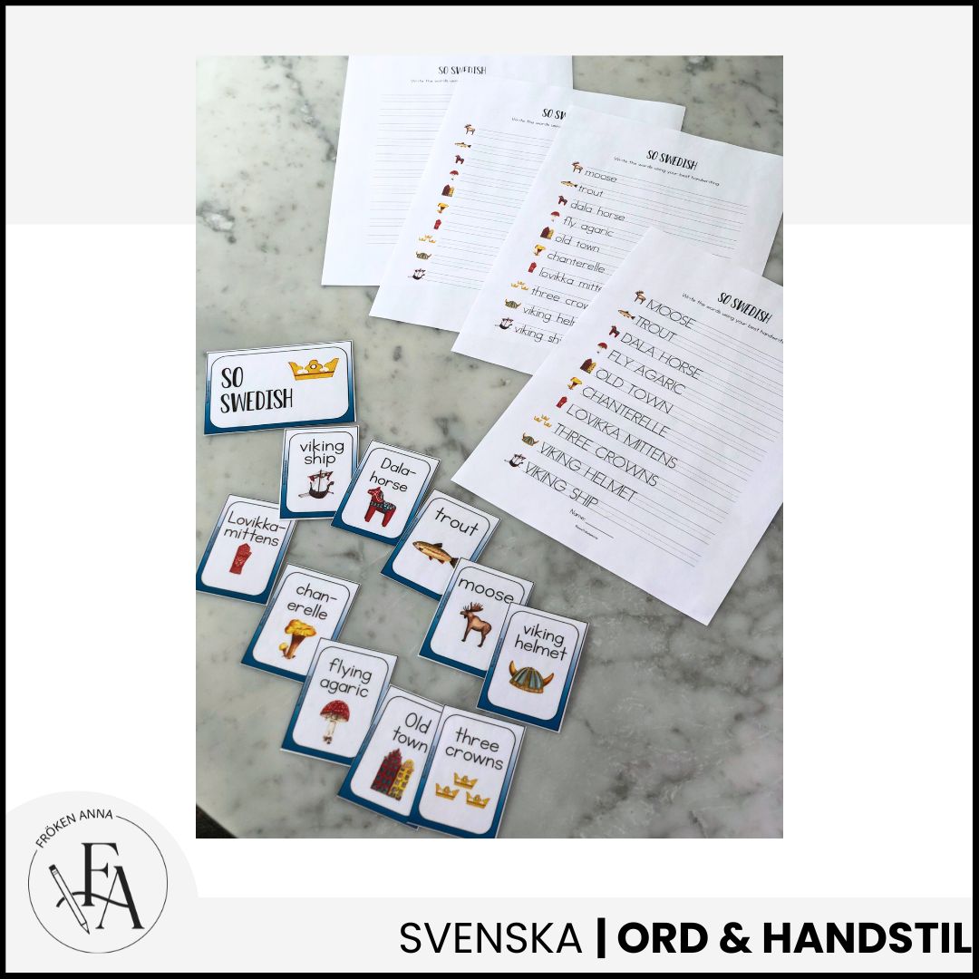 Typiskt svenskt (Ordkunskap, välskrivning, memory, handstil)