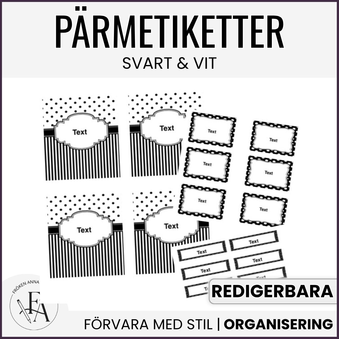 Pärmetiketter och klassrumsorganisering svart&vit