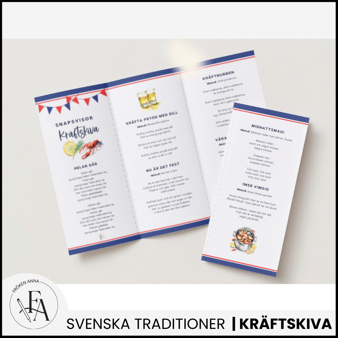 Familjepaket till Kräftskivan (dekoration, placeringskort, tipspromenad, skattjakt, snapsvisor & saftvisor mm)