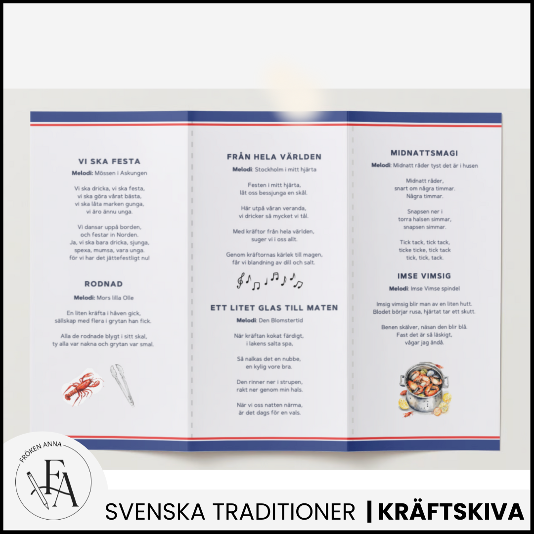 Familjepaket till Kräftskivan (dekoration, placeringskort, tipspromenad, skattjakt, snapsvisor & saftvisor mm)