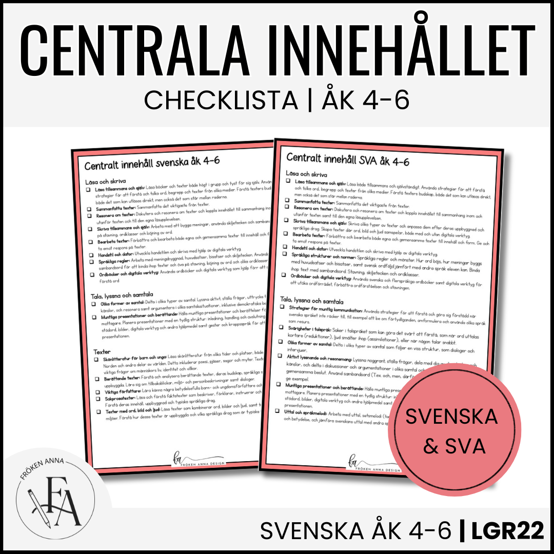 PAKET: CHECKLISTOR över det Centrala innehållet åk 4-6 på ett elevnära språk: ALLA ÄMNEN