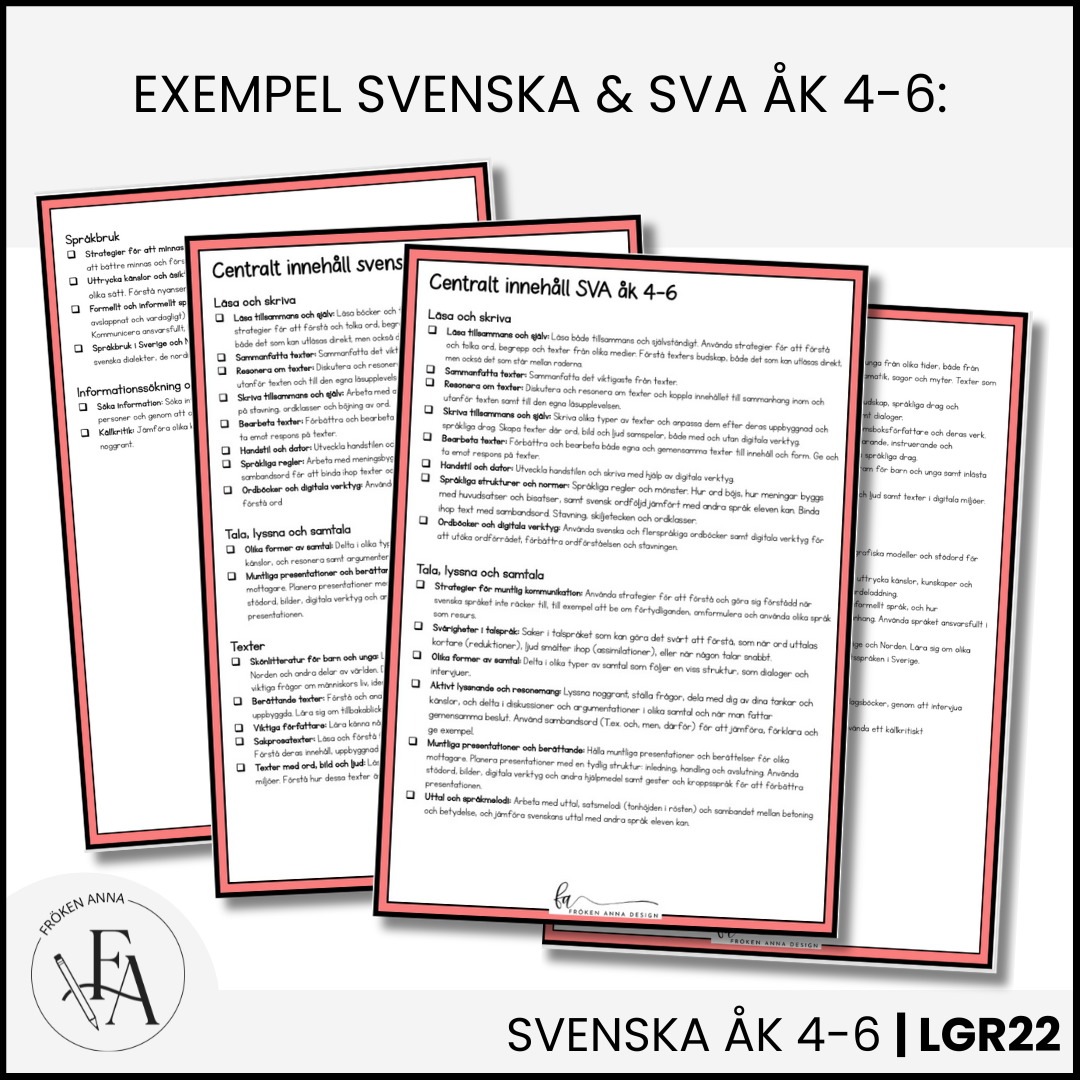 CHECKLISTA över det Centrala innehållet åk 4-6 på ett elevnära språk: Svenska & SVA