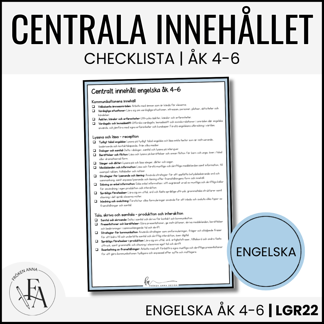 PAKET: CHECKLISTOR över det Centrala innehållet åk 4-6 på ett elevnära språk: ALLA ÄMNEN
