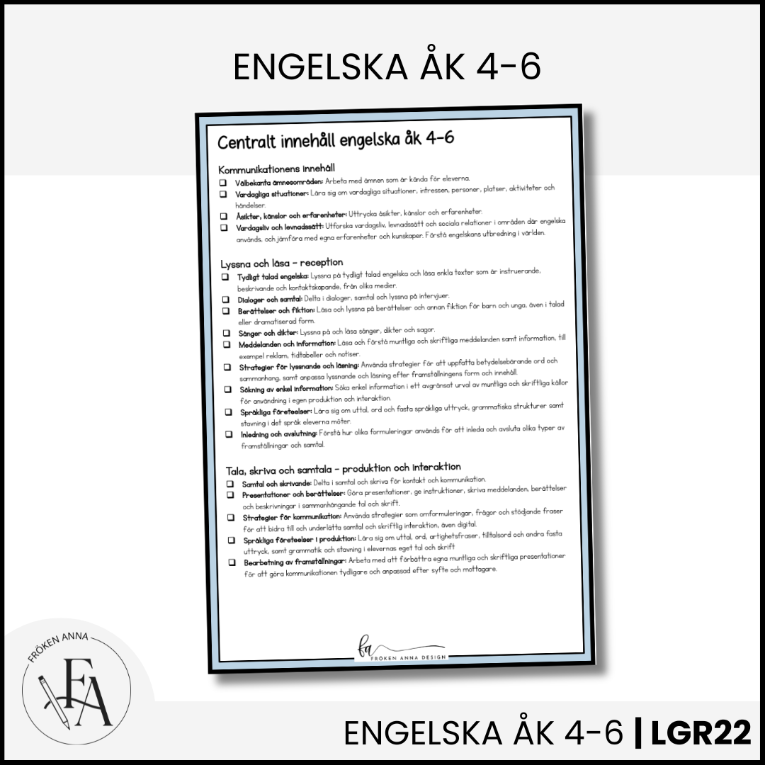 CHECKLISTA över det Centrala innehållet åk 4-6 på ett elevnära språk: engelska