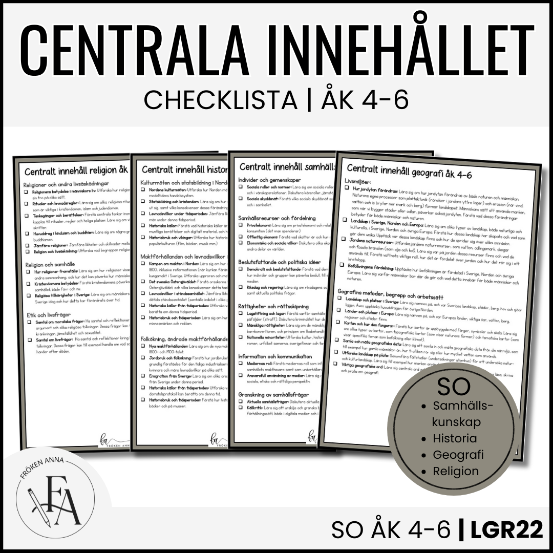 PAKET: CHECKLISTOR över det Centrala innehållet åk 4-6 på ett elevnära språk: ALLA ÄMNEN