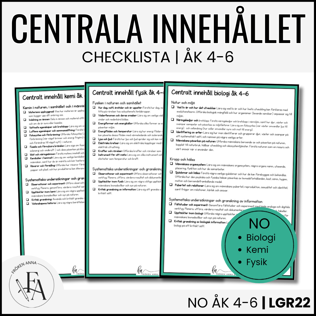 PAKET: CHECKLISTOR över det Centrala innehållet åk 4-6 på ett elevnära språk: ALLA ÄMNEN