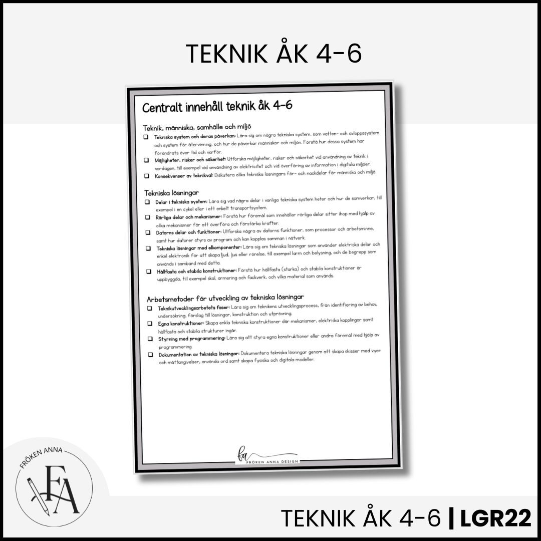CHECKLISTA över det Centrala innehållet åk 4-6 på ett elevnära språk: teknik