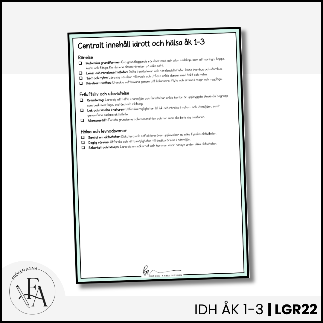 CHECKLISTA över det Centrala innehållet åk 1-3 på ett elevnära språk: idrott och hälsa