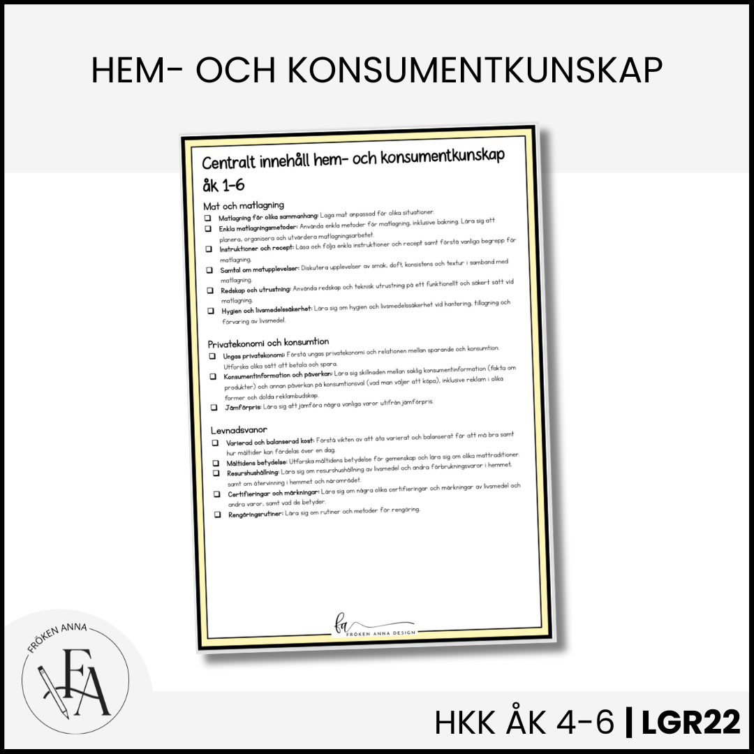 CHECKLISTA över det Centrala innehållet åk 1-6 på ett elevnära språk: hem- och konsumentkunskap