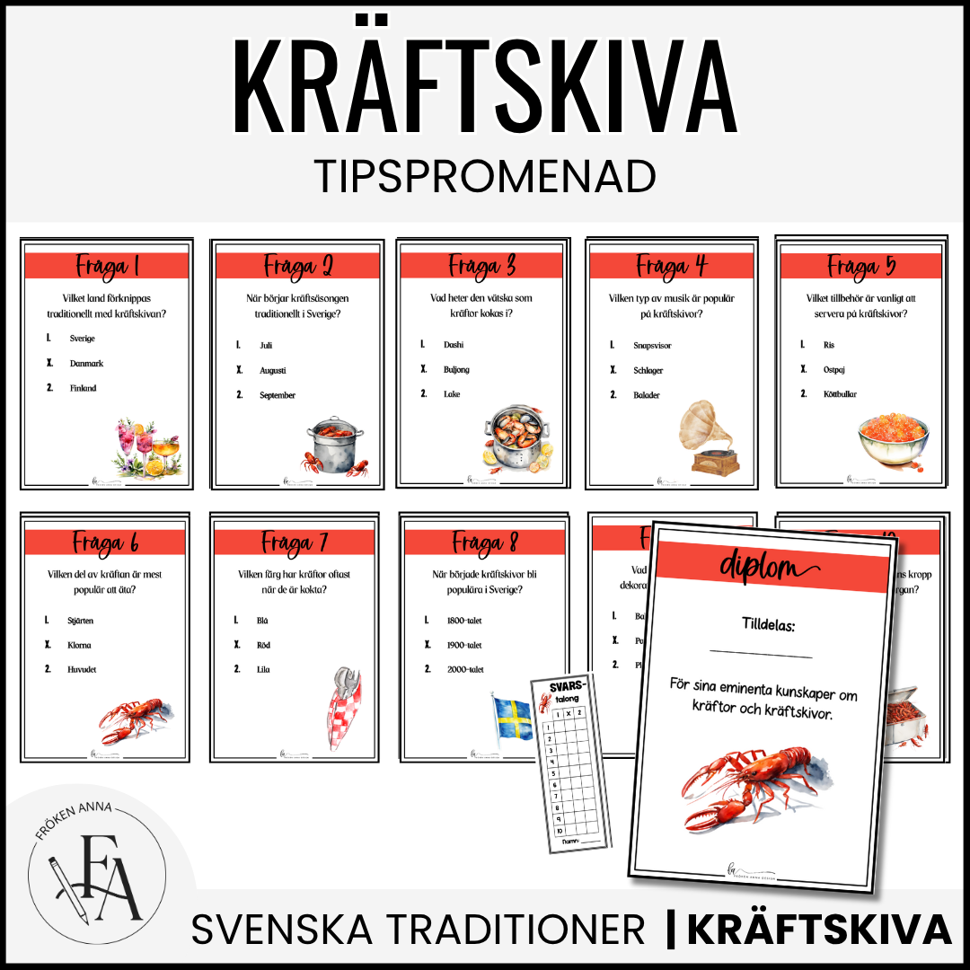 Familjepaket till Kräftskivan (dekoration, placeringskort, tipspromenad, skattjakt, snapsvisor & saftvisor mm)
